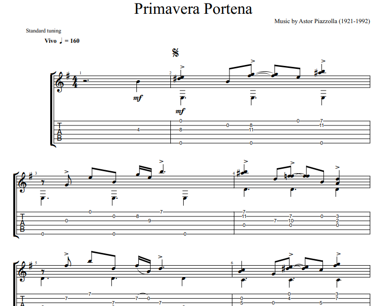 Astor Piazzolla - Primavera Portena sheet music for guitar